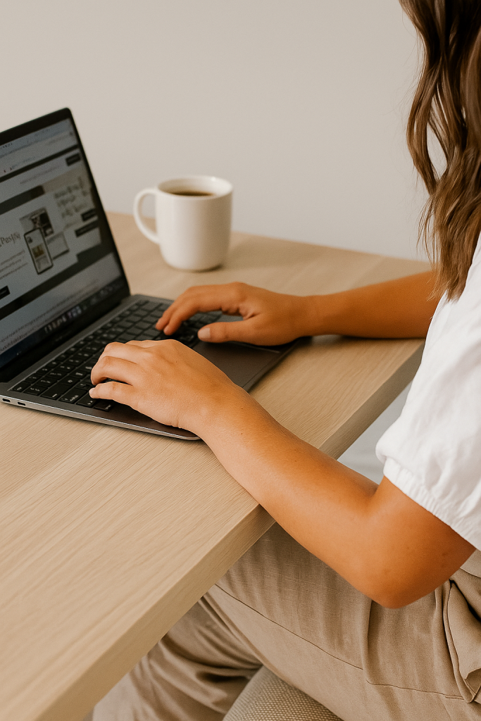 Jenna sitting at a desk, typing on a laptop